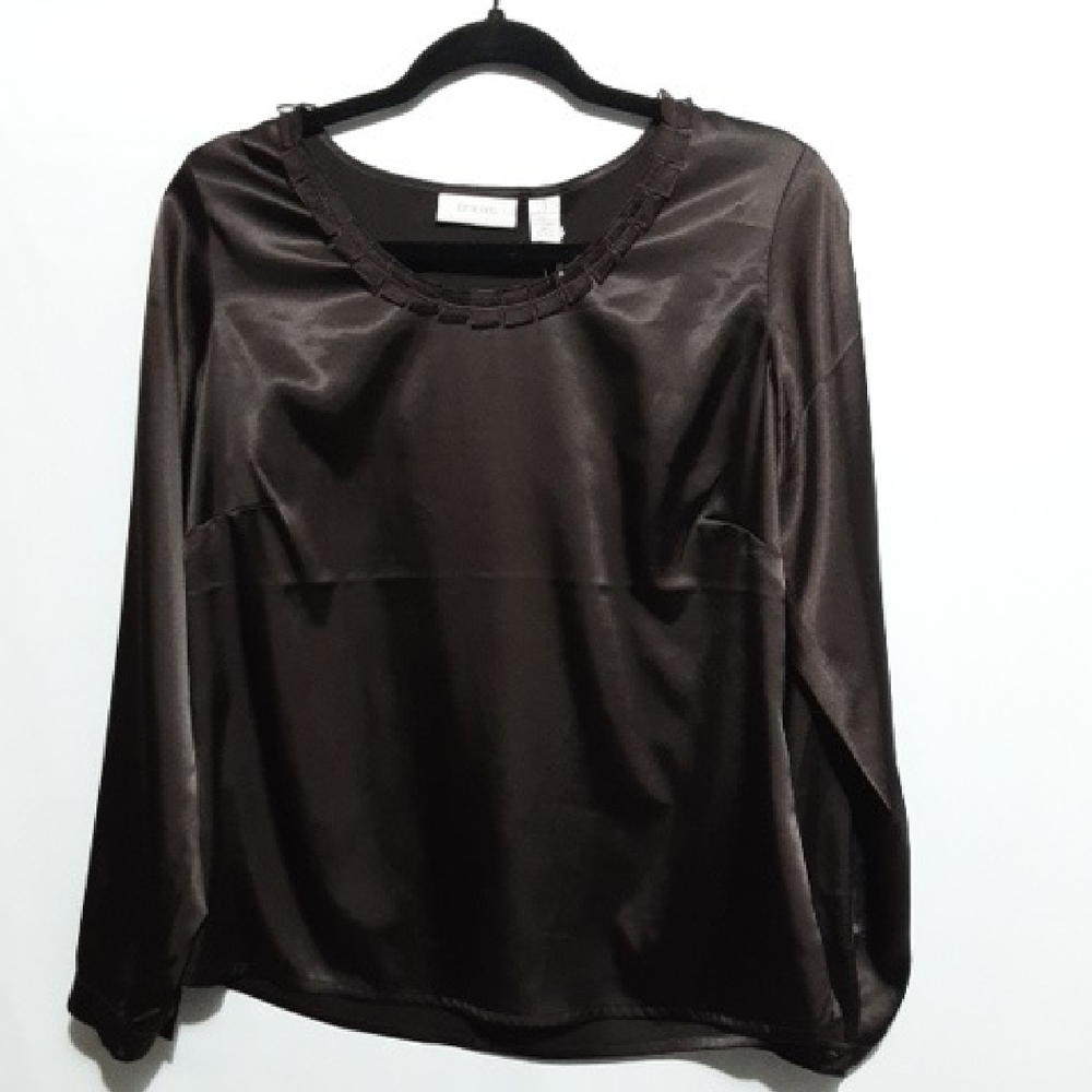 Chico's Dark Brown Origami Shine Satin Long Sleeve Blouse
